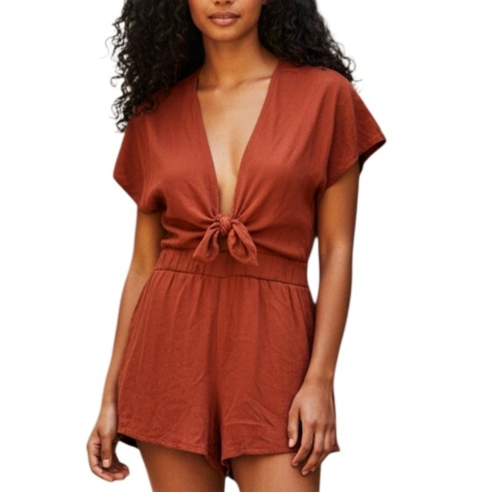 SHEIN Rust Tie Front Romper